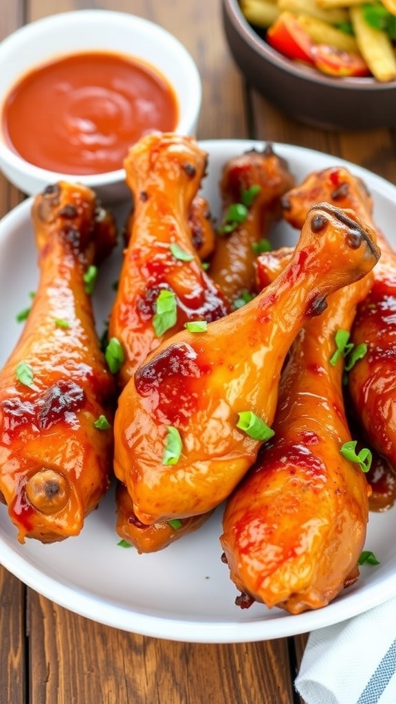 Crispy baked chicken drumsticks on a plate, garnished with herbs and served with dipping sauce.
